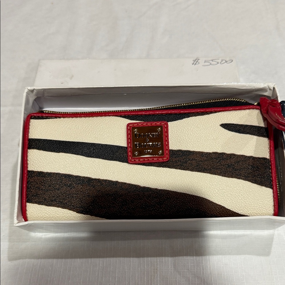 Dooney & Bourke Cream Zebra Print Zip Wallet with Red Trim
